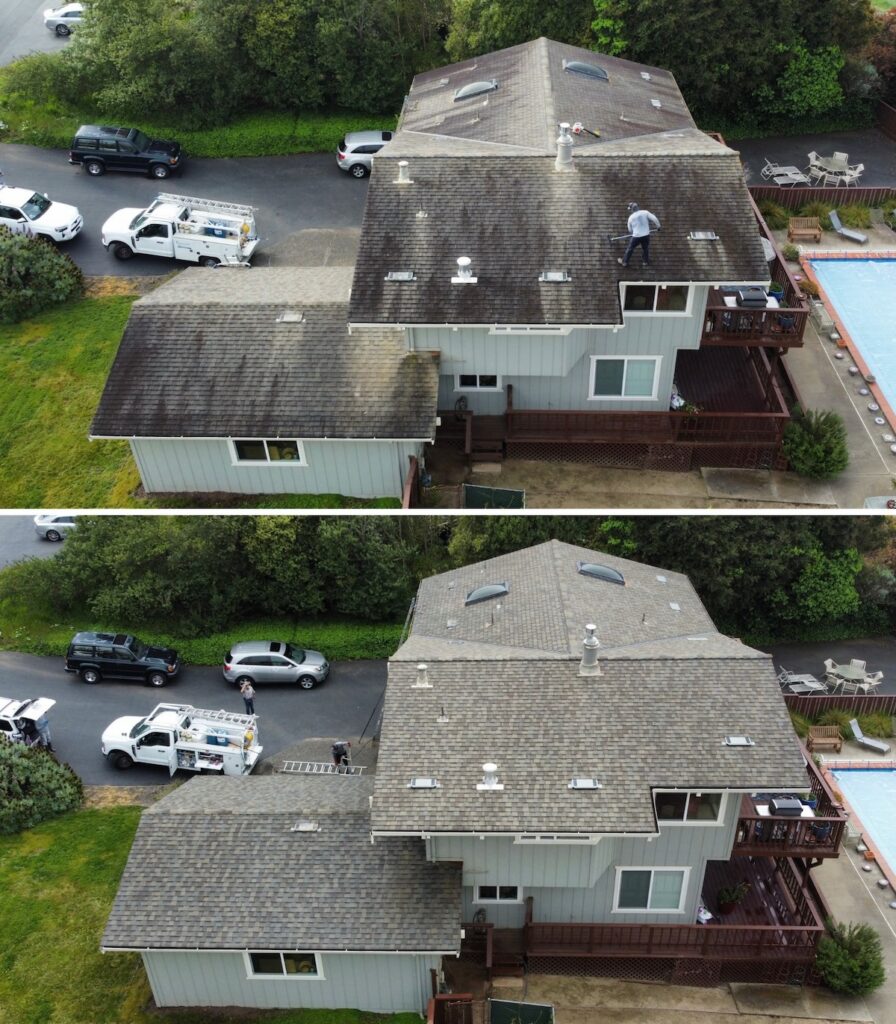 Aerial before and after documentation of asphalt shingle roof cleaning — pacific exterior