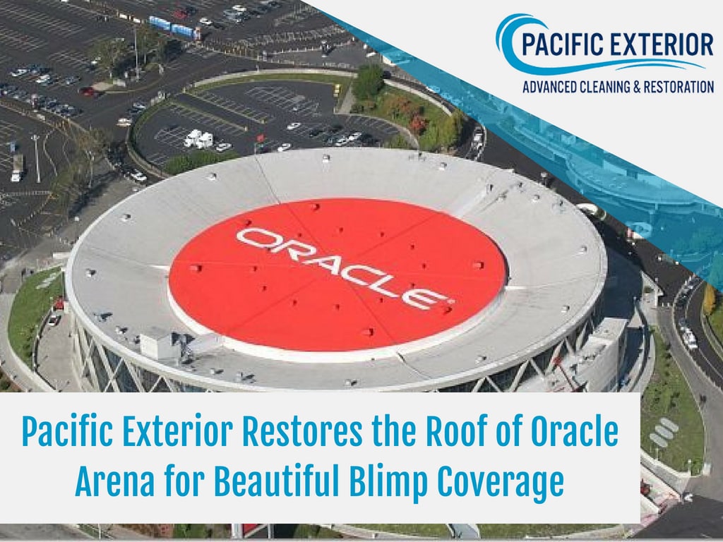 Pacific exterior restores the roof of oracle arena for beautiful blimp coverage