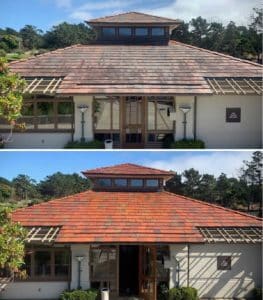 Pebble beach clay flat tile roof cleaning