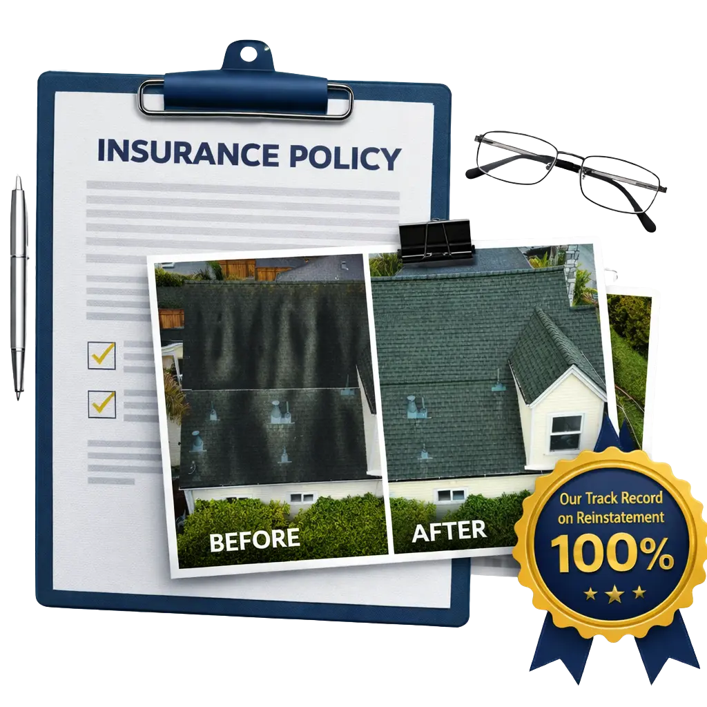Before and after image of a roof cleaning process, showing moss and algae removal, with documentation and a 100% reinstatement success rate, highlighting pacific exterior’s role in restoring insurance coverage.